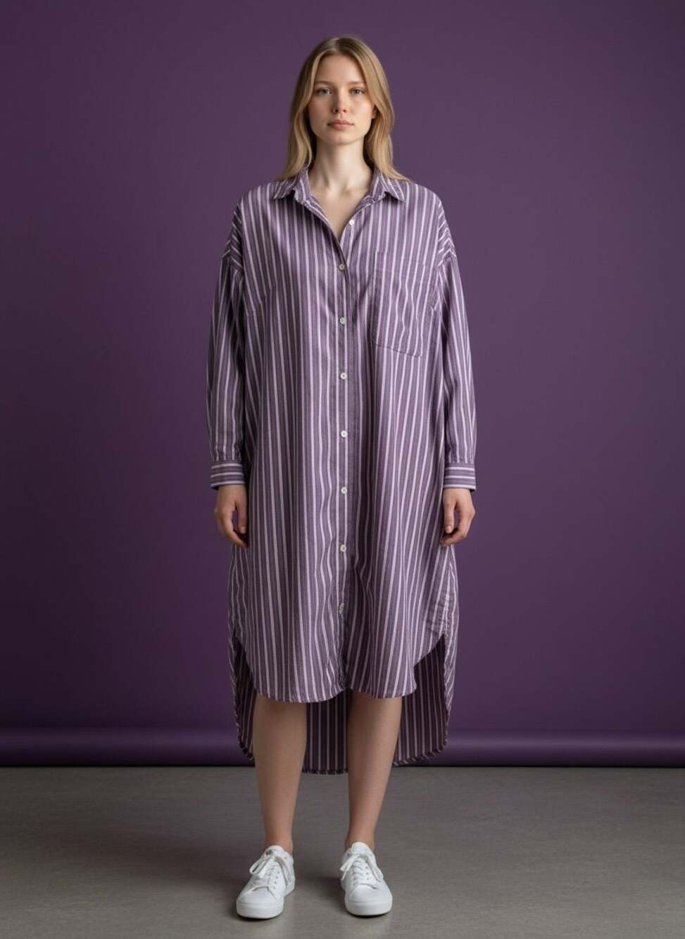 LOFT Women's Purple Striped Oversized Button-Up Shirt Dress